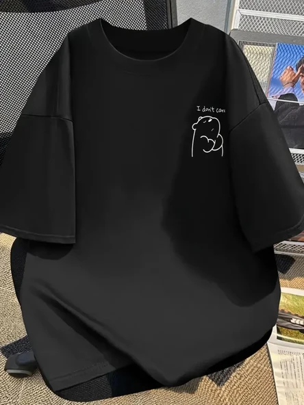 Baskılı Oversize Bisiklet Yaka T-shirt - Siyah ürün görseli 1