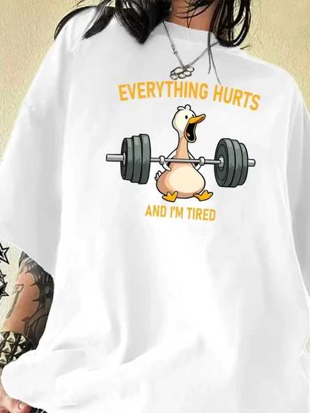 Baskılı Oversize Bisiklet Yaka T-shirt - Beyaz ürün görseli 1