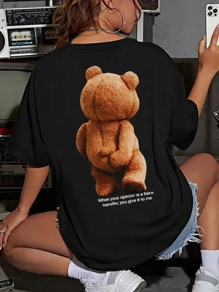 Baskılı Oversize Bisiklet Yaka T-shirt - Siyah ürün görseli 1