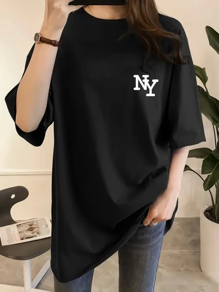 Baskılı Oversize Bisiklet Yaka T-shirt - Siyah ürün görseli 1