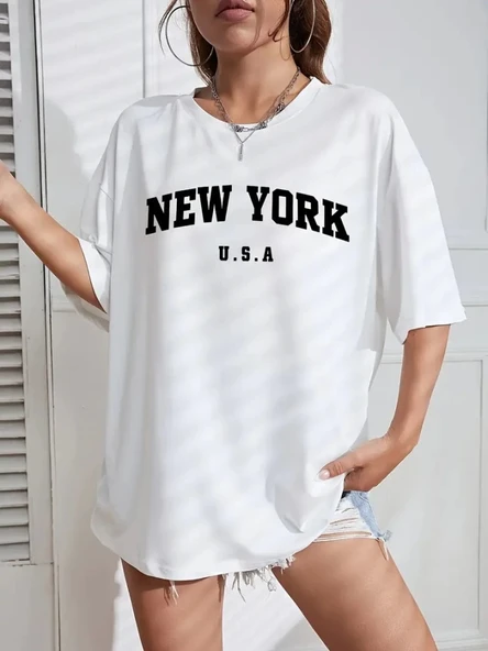 New York Baskılı Oversize Bisiklet Yaka T-shirt - Beyaz ürün görseli 1