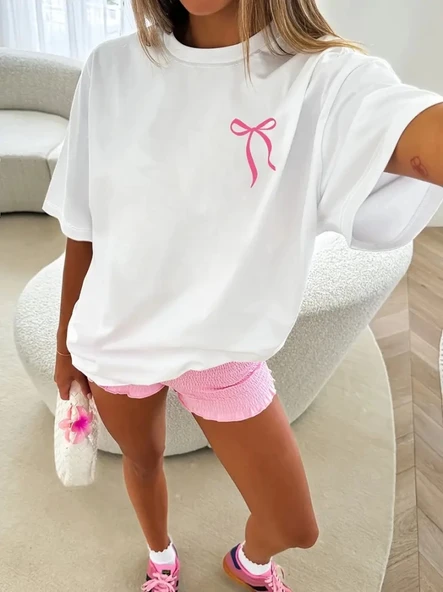 Fiyonk Baskılı Oversize Bisiklet Yaka T-shirt - Beyaz ürün görseli 1