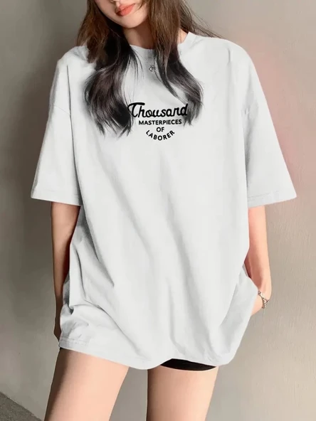 Thousand Baskılı Oversize Bisiklet Yaka T-shirt - Beyaz ürün görseli 1
