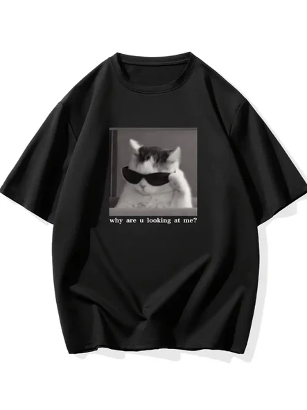 Baskılı Oversize Bisiklet Yaka T-shirt - Siyah ürün görseli 1