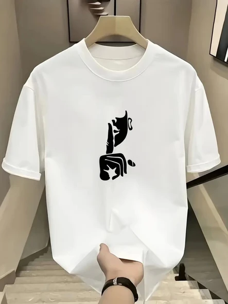 Rahat Bisiklet Yaka Tişört, Yaratıcı Karikatür Baskı - Yumuşak Polyester, Her Mevsim Giyilebilir- Beyaz ürün görseli 1