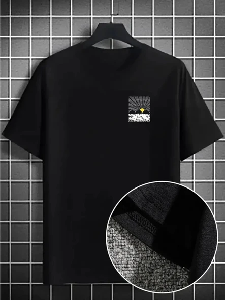 Erkek Dağ Grafikli Tişört, Yaz Için Büyük Beden Rahat T-shirt - Siyah ürün görseli 1
