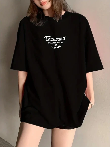 Thousand Baskılı Oversize Bisiklet Yaka T-shirt - Siyah ürün görseli 1