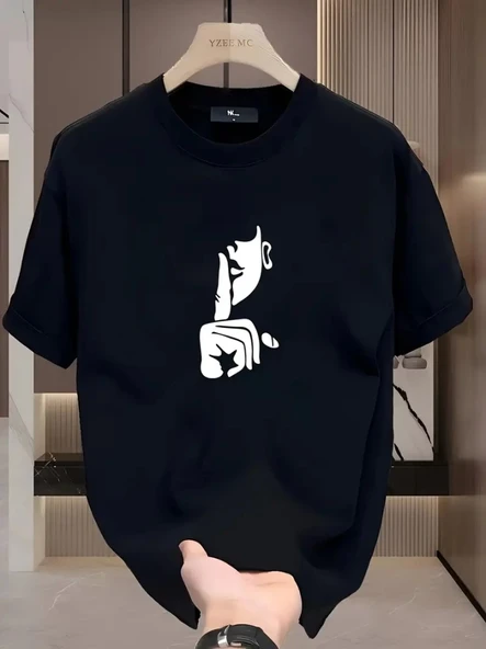 Rahat Bisiklet Yaka Tişört, Yaratıcı Karikatür Baskı - Yumuşak Polyester, Her Mevsim Giyilebilir- Siyah ürün görseli 1