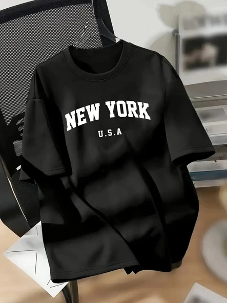 New York Baskılı Oversize Bisiklet Yaka T-shirt - Siyah ürün görseli 1