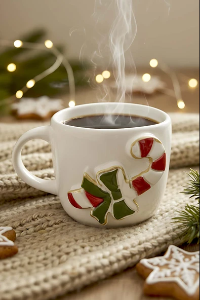 Şeker Baston Amore 24 K Altın Süslemeli El Yapımı Yılbaşı Hediyesi Seramik Double Kahve Fincanı, Mug, Kupa ürün görseli 1