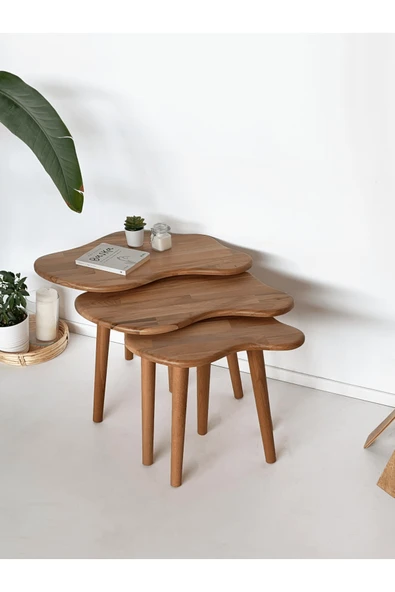 Fagus Wood 3'lü Zigon Bulut Sehpa Seti Masif Doğal Ahşap – İskandinav Modern Tasarım, Yan & Dekoratif Sehpa ürün görseli 1