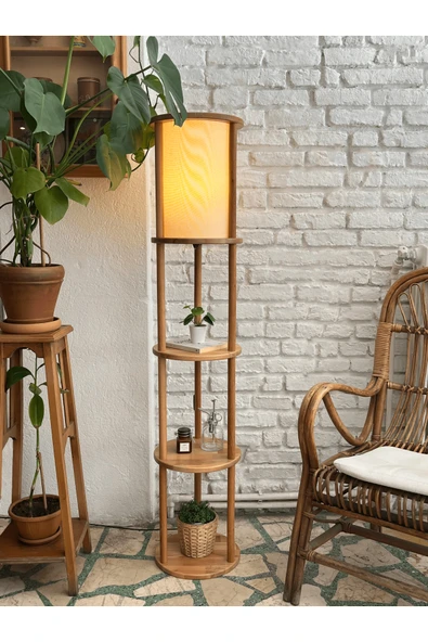 Fagus Wood Lona Raflı Lambader, 3 Katlı Ahşap Zemin Aydınlatması, Keten Abajurlu Masif Modern Dekoratif Lamba ürün görseli 1