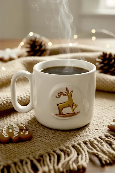 Geyik Amore 24 K Altın Süslemeli El Yapımı Yılbaşı Hediyesi Seramik Double Kahve Fincanı, Mug, Kupa ürün görseli 1