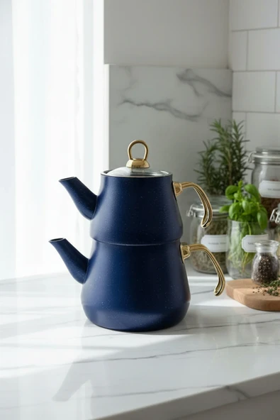 Granit Kaplama Gold Kulplu Cam Kapak Çaydanlık Mavi Alt 2,3 Litre + 1,2 Litre ürün görseli 1