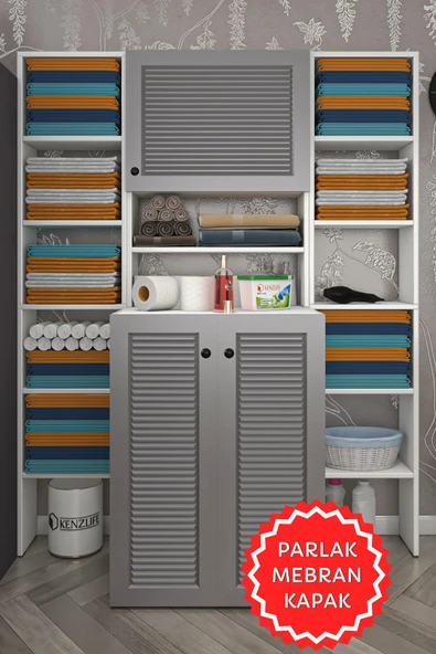 Kenzlife membran çamaşır makinesi dolabı kasparovmaksduble gribyz panjur 180*126*55-20 mebran kapak MDF gövde banyo kapaklı arkalıksız ürün görseli 1