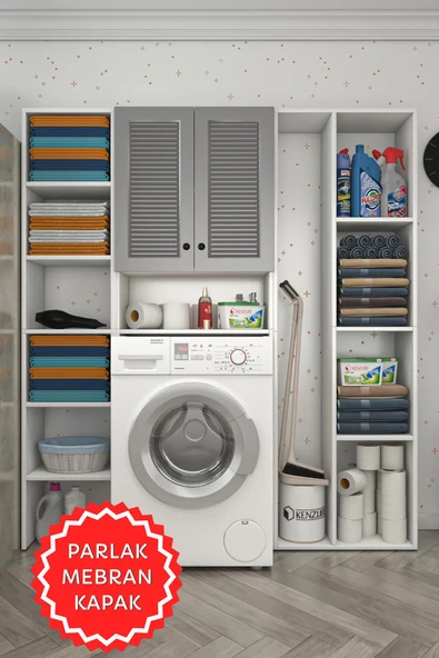 Kenzlife membran çamaşır makinesi dolabı sinemmega gribyz panjur 180*156*30 mebran kapak suntalam gövde kapaklı arkalıklı raflı ürün görseli 1