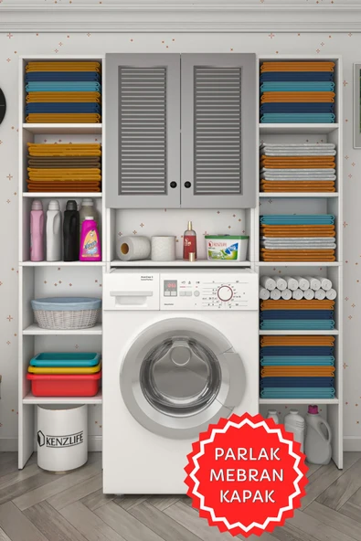 Kenzlife membran çamaşır makinesi dolabı veronikamaksduble gribyz panjur 180*126*20 mebran kapak suntalam gövde arkalıksız raflı ürün görseli 1