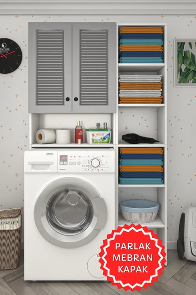Kenzlife membran çamaşır makinesi dolabı sinemmaks gribyz panjur 180*096*30 mebran kapak suntalam gövde kapaklı arkalıklı raflı ürün görseli 1