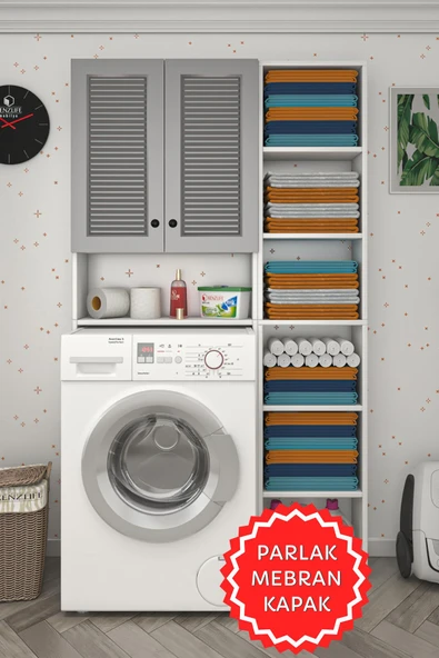 Kenzlife membran çamaşır makinesi dolabı veronikamaks gribyz panjur 180*096*20 mebran kapak suntalam gövde kapaklı arkalıksız raflı ürün görseli 1