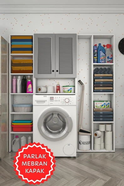 Kenzlife membran çamaşır makinesi dolabı veronikamega gribyz panjur 180*156*20 mebran kapak MDF gövde arkalıksız raflı ürün görseli 1