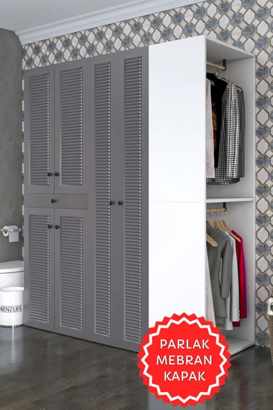 Kenzlife membran çamaşır-kurutma makinesi dolabı ve giysi dolabı çekmeceli eşari sağ gribyz 187*160*60 mebran kapak suntalam gövde ürün görseli 1