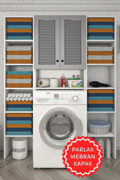 Kenzlife membran çamaşır makinesi dolabı sinemmaksduble gribyz panjur 180*126*30 mebran kapak MDF gövde kapaklı arkalıklı raflı ürün görseli 1