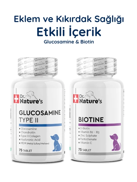 Köpek Glukozamin Eklem Desteği+Biotin Tüy Vitamini Seti Eklem ve Deri Tüy Sağlığı Paketi 2x75 Tablet ürün görseli 1