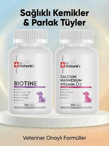 Köpek Biotin + Kalsiyum D3 Seti  – Tüy Sağlığı ve Kemik Destek Paketi 2x300 Tablet ürün görseli 1