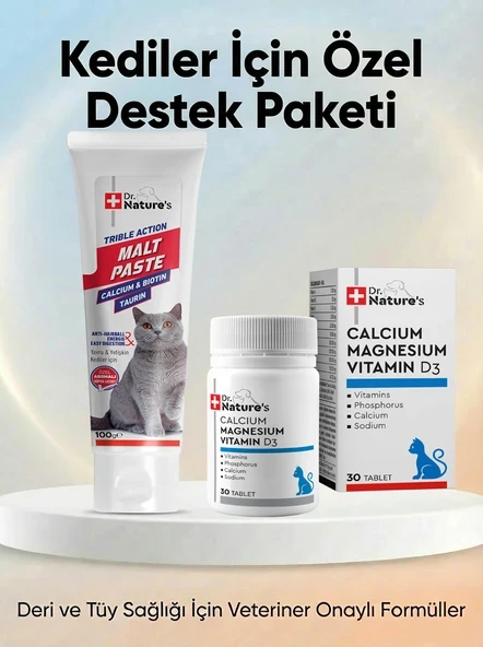 Kedi Malt Macunu + Kalsiyum Magnesium D3 Tablet Seti –Tüy Yumağı, Kemik ve Diş Sağlığı Destek Paketi ürün görseli 1