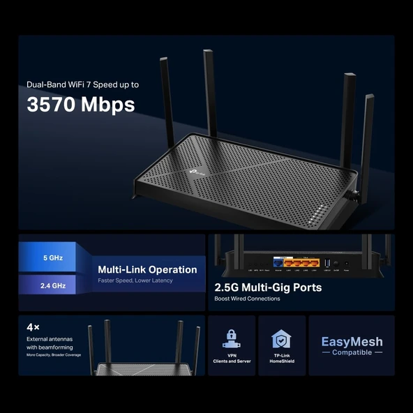 TP-Link Archer BE230 5 Port 3600 Mbps Dual Band Wİ-Fİ 7 Router - Resim 6