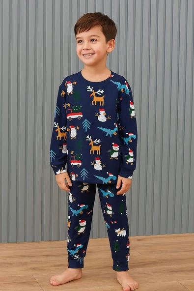 Cg Kids Noel Yılbaşı Temalı %100 Pamuk Unisex Çocuk Pijama Takımı Lacivert Geyik ürün görseli 1