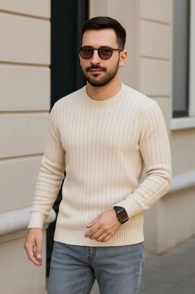 Erkek Bisiklet Yuvarlak Yaka Triko Kazak Pamuklu Kalın Fitilli Dokuma, Regular Fit Uzun Kollu Kışlık Model - Bej ürün görseli 1