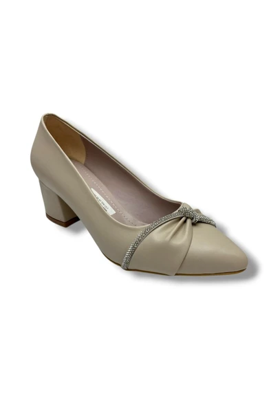 C-Shoes 150-26 Cilt Deri Düğüm Taşlı Kalın Topuk Kadın Ayakkabı 38-40 ürün görseli 1