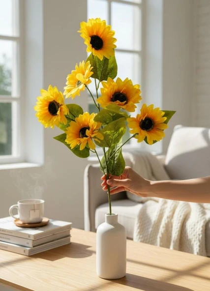 Yapay Çiçek Ayçiçeği Sarı Sunflower Dekoratif Çiçek 75cm 6 K80afalı ürün görseli 1