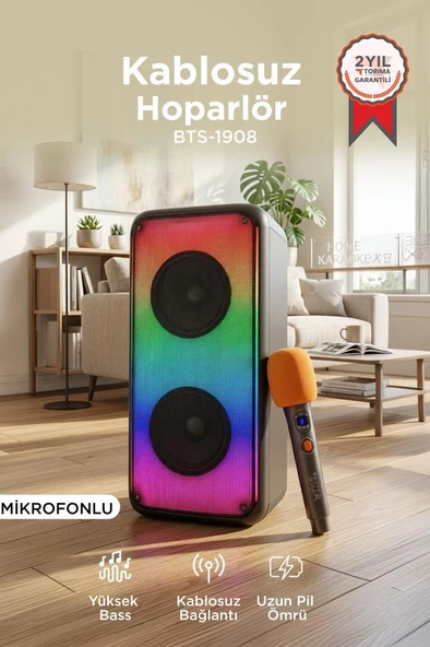 Bluetooth Hoparlör Mikrofonlu Kumandalı Rgb Işıklı Speaker BTS-1908 Siyah ürün görseli 1
