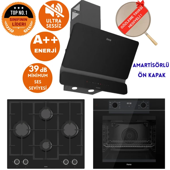 Ferre FryART & SilentArt Onbu Yeni Seri Sessiz Siyah Ankastre Set ( D080-SA + QEP63CS + LN385) ürün görseli 1