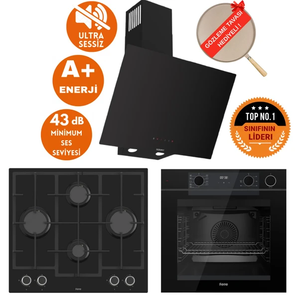 Ferre FryArt&SilentArt-SteamArt Zova Yeni Seri Sessiz Siyah Ankastre Set (D077-SA + QEP64CS +LN385) ürün görseli 1