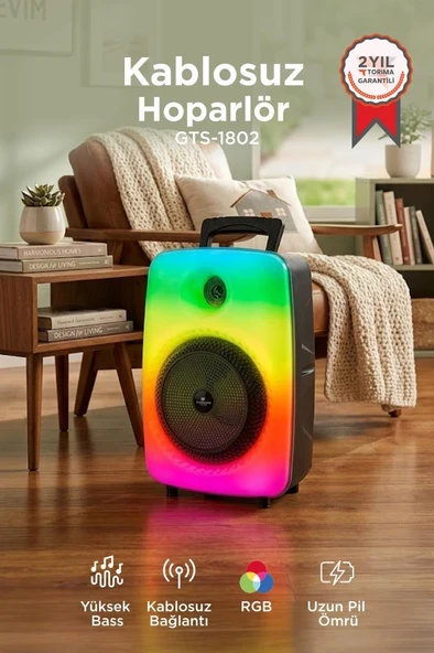 Bluetooth Hoparlör Mikrofonlu Rgb Işıklı Taşınabilir Parti Speaker GTS-1802 Siyah ürün görseli 1