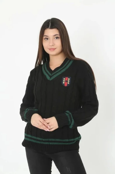 V Yaka Örgülü Kazak - Siyah ürün görseli 1