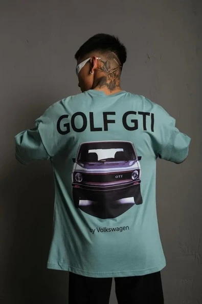 Erkek Oversize Baskılı Tişört – Golf GTI Retro Araba Desenli, Ön - Arka Dijital Baskı, Sokak Modası Stil - Mint Yeşili ürün görseli 1