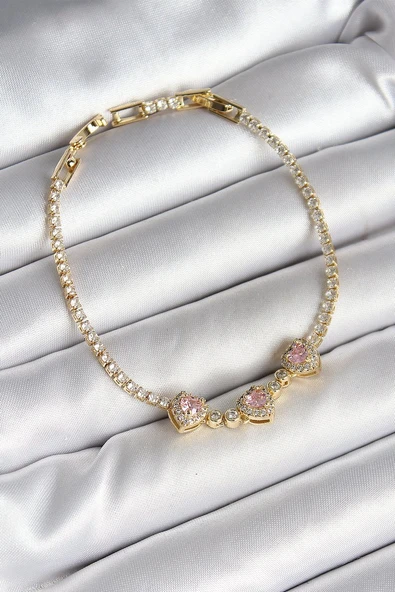 Pirinç Sıralı Pembe Kalp Figürlü Zirkon Taşlı Gold Renk Kadın Bileklik Vice0058 ürün görseli 1