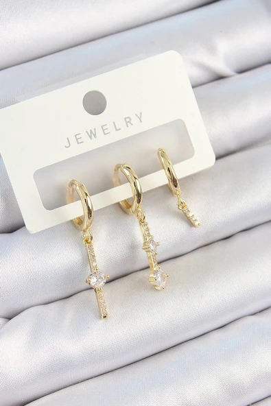 Pirinç Zirkon Taşlı Sallantılı Model Gold Renk 3'lü Çift Kadın Küpe Set Vice1395 0402 ürün görseli 1