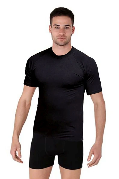 Thermoform Bambu Erkek Bisiklet Yaka Tişört Kısa Kollu Fanila Atlet ve Boxer Şort Seti Siyah ürün görseli 1