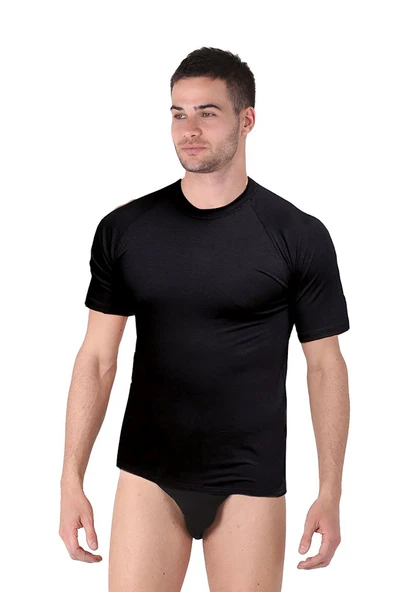 Thermoform Bambu Erkek Bisiklet Yaka Tişört Kısa Kollu Fanila Atlet ve Slip Külot Seti Siyah ürün görseli 1