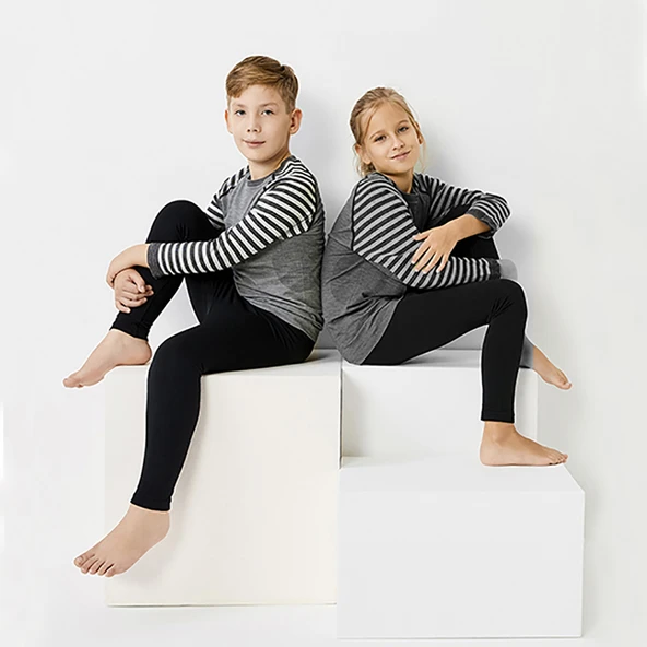 Thermoform Ultimate Merino Çocuk Seamless Çizgili Termal Uzun Kollu İçlik Seti Antrasit ürün görseli 1