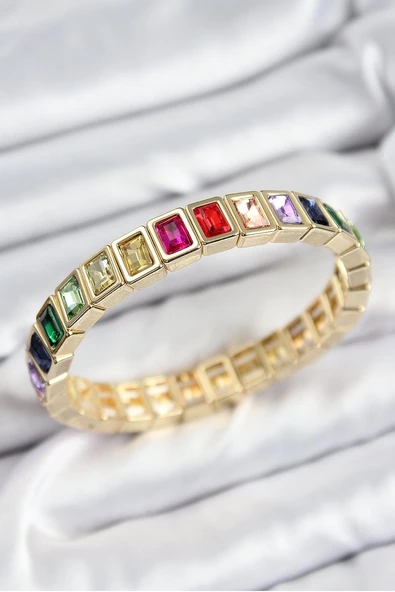 Pirinç Karışık Zirkon Taşlı Dikdörtgen Model Gold Renk Lastikli Kadın Bileklik Vice1395 0600 ürün görseli 1