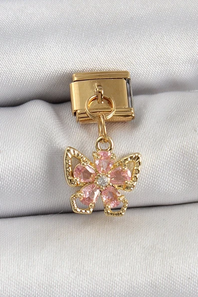 316L Çelik Sallantılı Zirkon Taşlı Çiçek Figürlü Kelebek Model Gold Renk Nomination Charm Vice1395 0223 ürün görseli 1