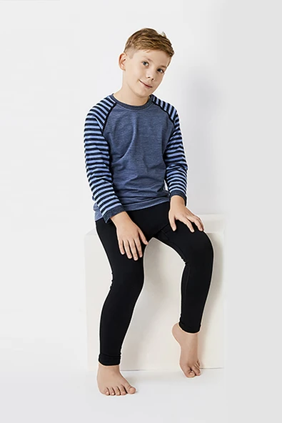 Thermoform Ultimate Merino Çocuk Seamless Çizgili Termal Uzun Kollu İçlik Seti Mavi ürün görseli 1