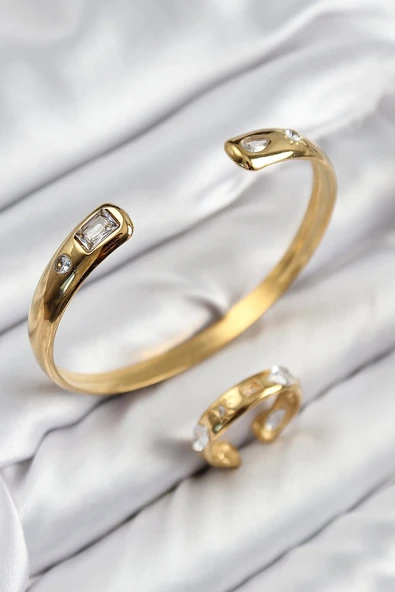Pirinç Zirkon Taşlı Ayrık Model Gold Renk Bileklik Yüzük Set Vice1395 0690 ürün görseli 1