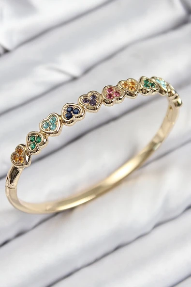 Pirinç Renkli Zirkon Taşlı Sıralı Kalp Model Gold Renk Kadın Kelepçe Vice1395 0849 ürün görseli 1